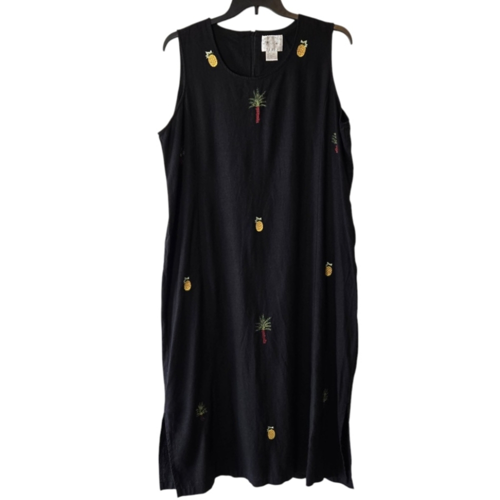 Country Wear Casuals Linen Blend Embroidered Palm Pineapple Maxi Dress Plus 2X